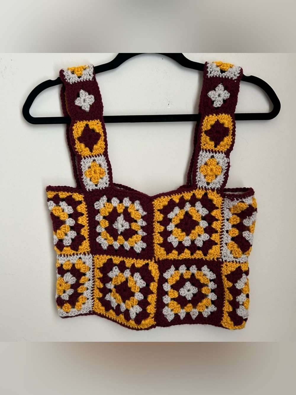 Handmade Maroon Yellow & Gray Crochet Granny Square Pattern Tank Top